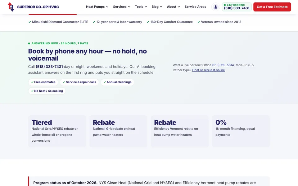 Superior CO-OP HVAC website section reading “Book by phone any hour — no hold, no voicemail,” showing the 24/7 AI booking line that answers on the first ring and schedules estimates and service calls directly