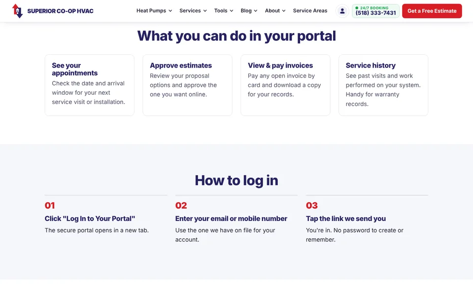 Superior CO-OP HVAC customer portal page listing what homeowners can do online — see appointments, approve estimates, view and pay invoices, and see service history — with a three-step login using a one-time link sent to their email or mobile number