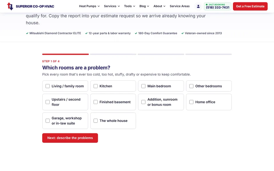 Home Comfort Diagnostic tool on scoophvac.com, step 1 of 4, asking which rooms are a problem with checkboxes for living room, kitchen, main bedroom, other bedrooms, upstairs, finished basement, addition or sunroom, home office, garage or in-law suite and the whole house
