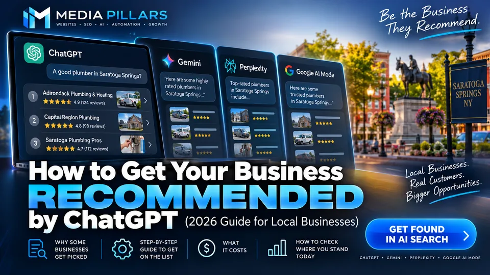 Laptop showing ChatGPT, Gemini, Perplexity and Google AI Mode each answering “a good plumber in Saratoga Springs?” with three recommended businesses, over a Saratoga Springs NY street scene — How to Get Your Business Recommended by ChatGPT, 2026 guide for local businesses