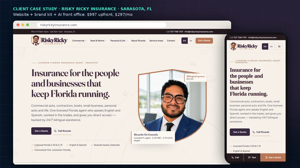 Risky Ricky Insurance website on desktop and phone: plum and copper brand, shield logo with agent Ricardo De Guezala, headline “Insurance for the people and businesses that keep Florida running,” Get a Quote and Call Ricardo buttons, and a sticky Call, Text, Get a Quote bar on mobile — built by Media Pillars