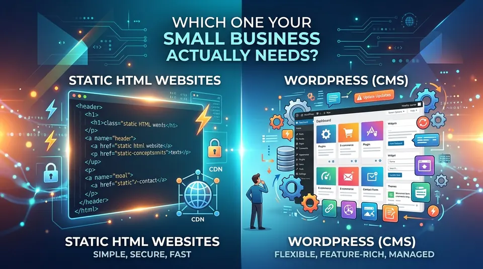 Side-by-side comparison: a static HTML website served from a CDN, labeled simple, secure, fast, versus a WordPress CMS dashboard with plugins, updates and gears, labeled flexible, feature-rich, managed