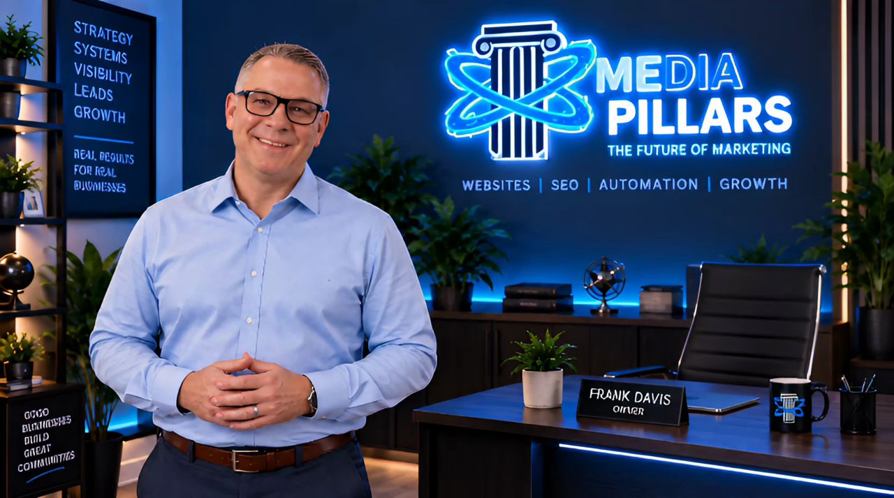 Frank Davis, founder and owner of Media Pillars, standing in the Media Pillars office in front of the lit company sign