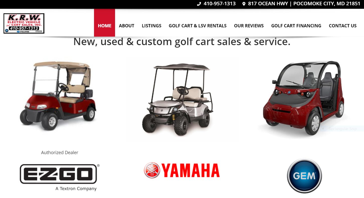 KRW Electric Vehicles and Cart Sales Website Screen Shot