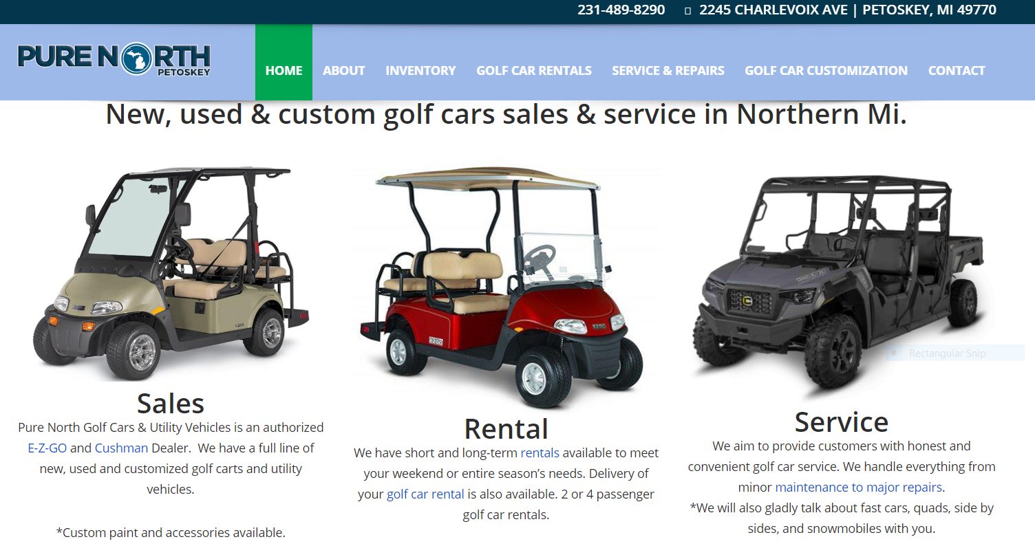 Pure North Golf Cars website screen shot