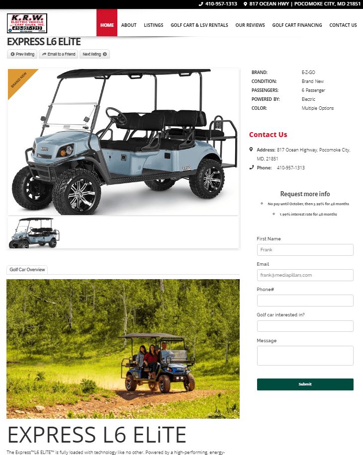 Single Listing Golf Cart Page with Form