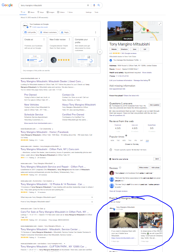 Google Business posts displayed in search results